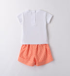 Coordinato estivo bambina con t-shirt stampa pasticceria e shorts corallo traforati