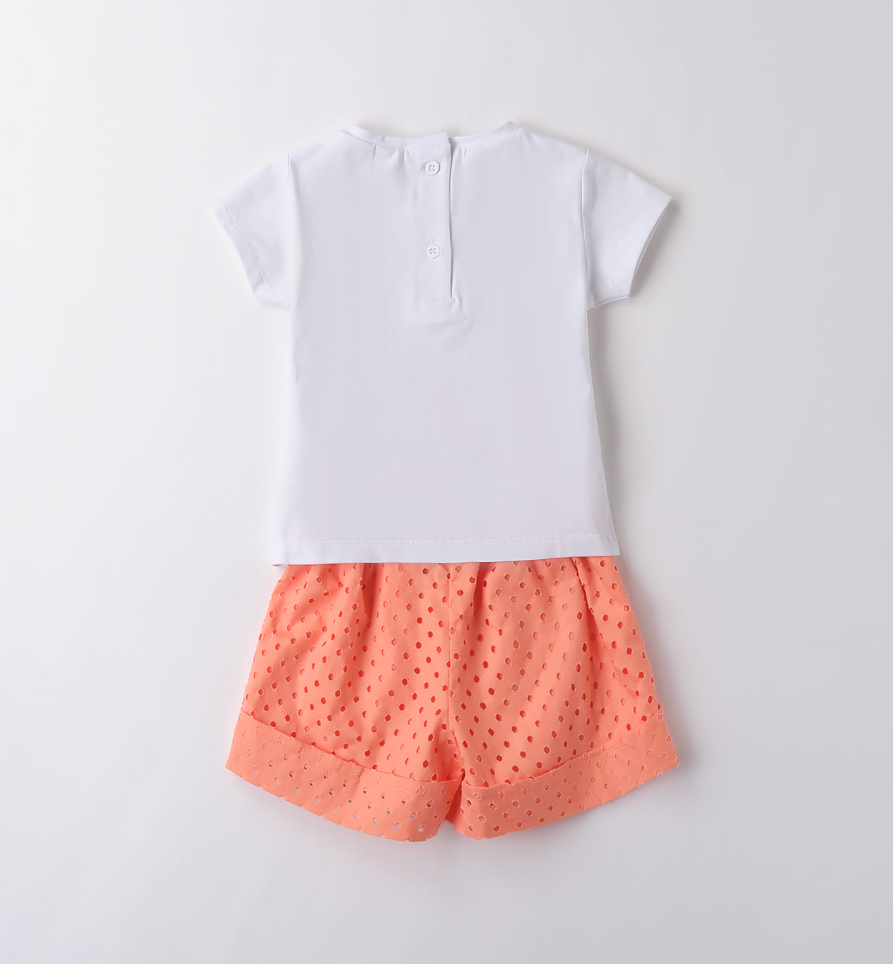Coordinato estivo bambina con t-shirt stampa pasticceria e shorts corallo traforati