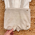Retro completo battesimo bimbo beige con camicia bianca e bretelle