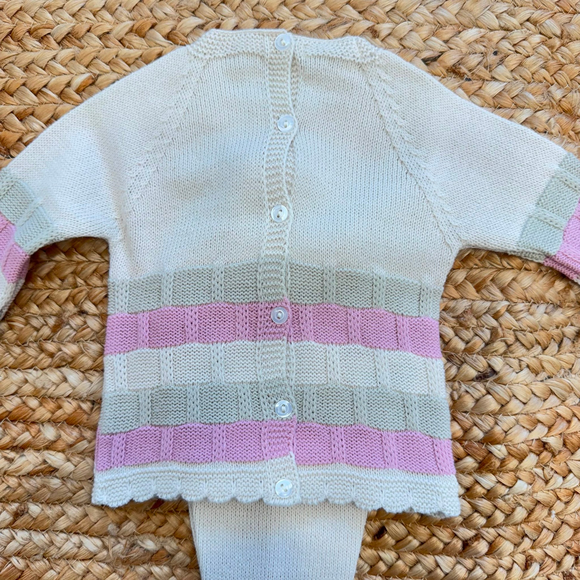 Completo nascita neonata Juliana panna con righe rosa e verde salvia