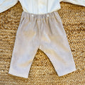 Completo battesimo bimbo beige e bianco con papillon e pantalone lungo