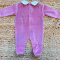 Tutina in ciniglia neonata malva e bianca con ricamo lumachina e fiocco bordeaux