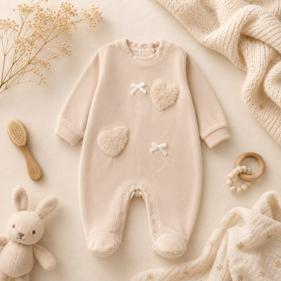 Tutina neonata beige in ciniglia con cuori e fiocchetti