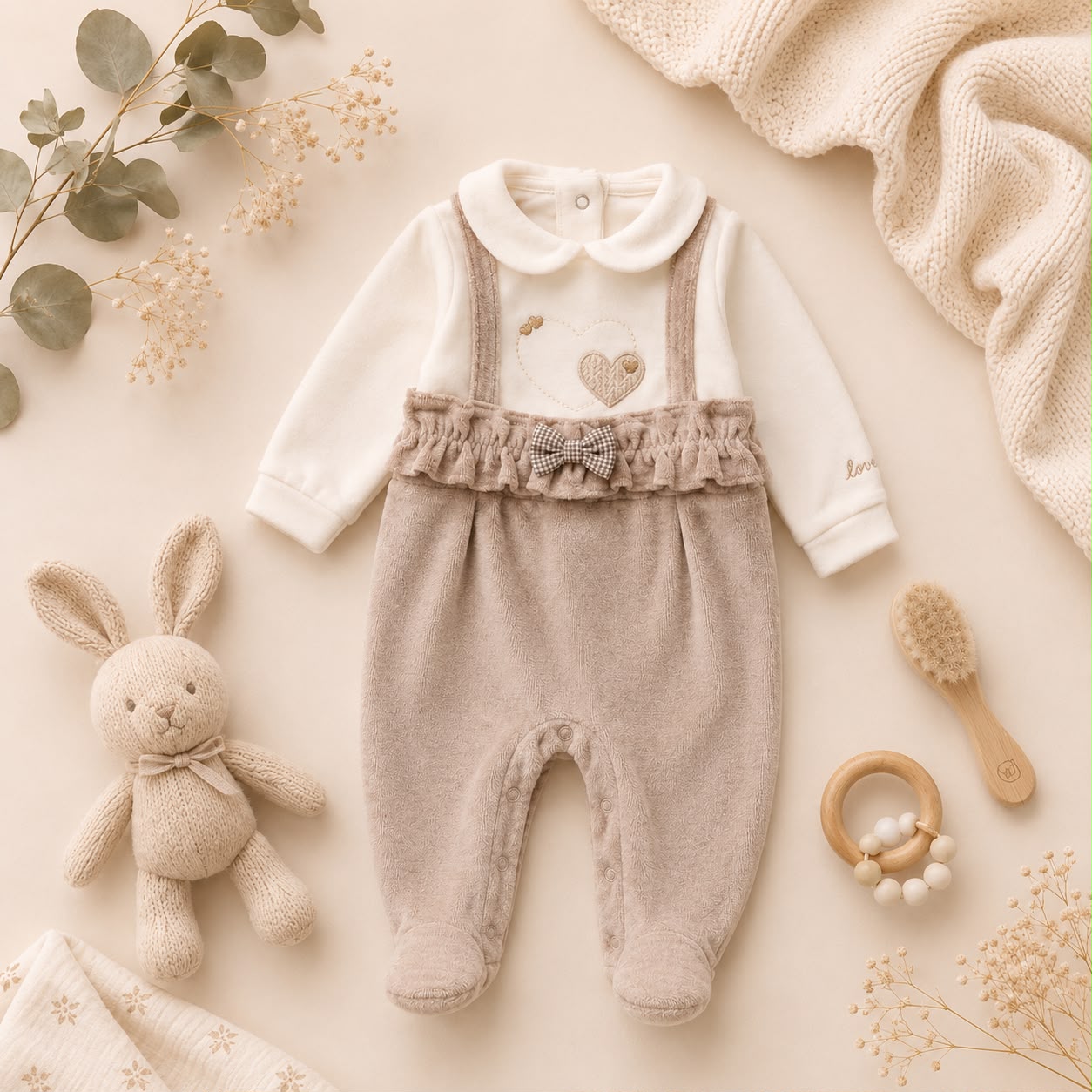 Retro tutina neonata in ciniglia panna e beige con piedini e apertura posteriore
