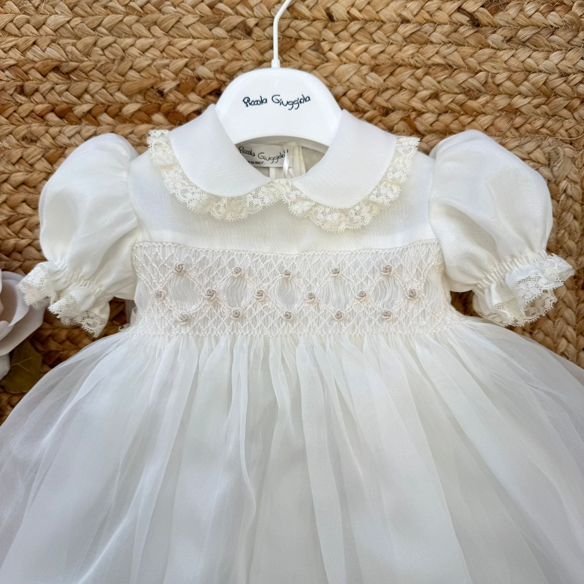 retro abito battesimo con fiocco in seta