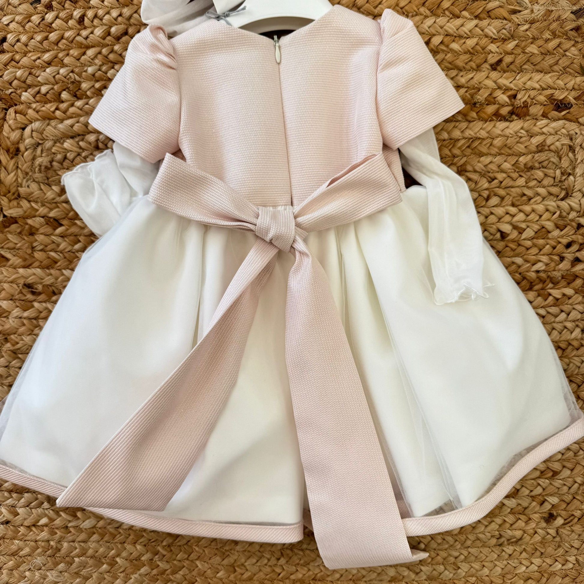 retro abito battesimo con fiocco rosa cipria