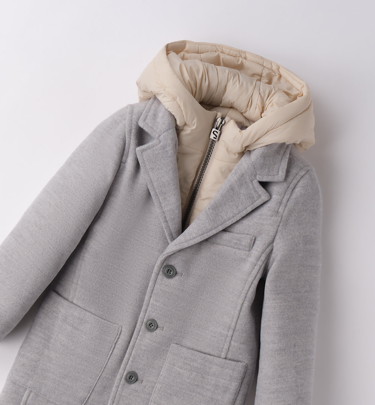 retro cappotto bambino grigio con cappuccio panna