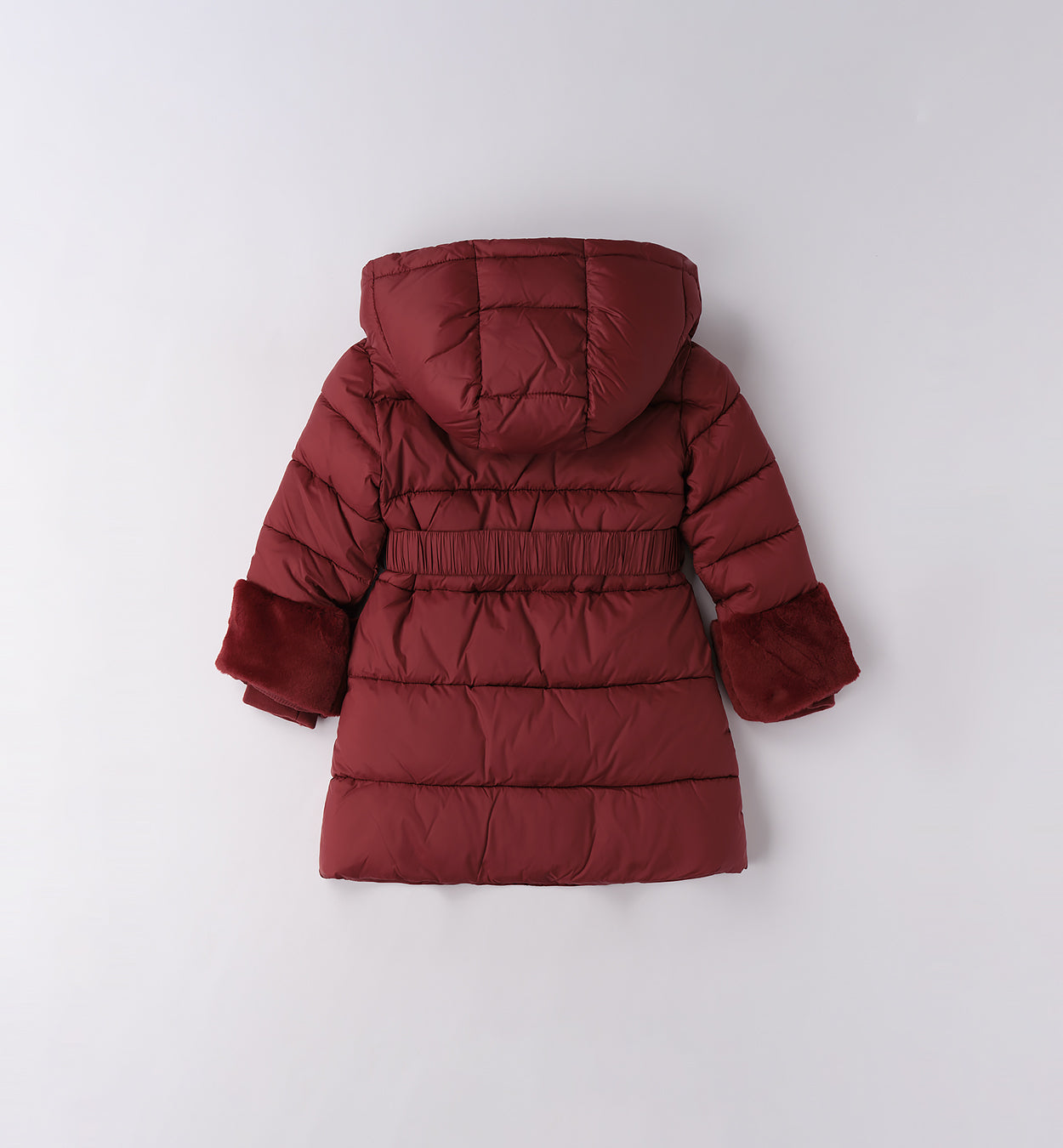 retro giubbotto bambina bordeaux con cappuccio e polsini in pelliccia