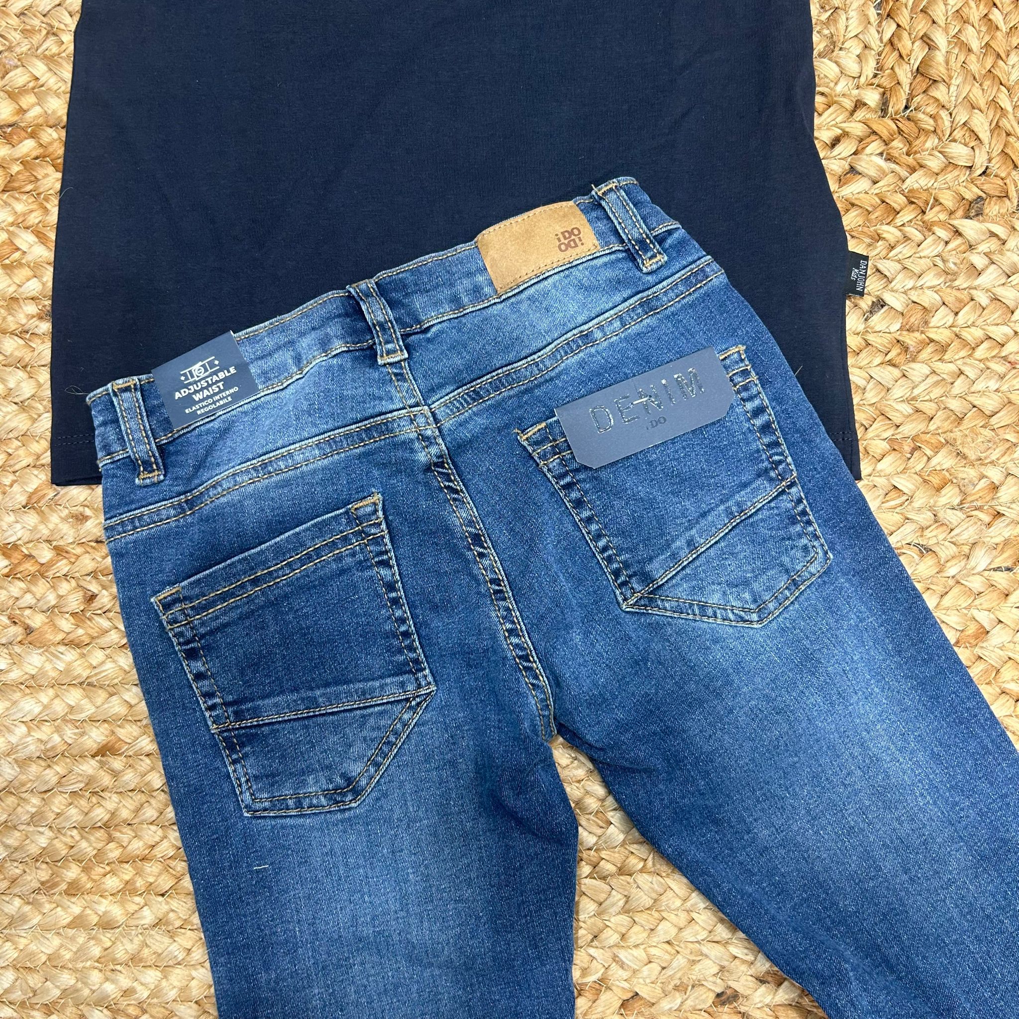 retro jeans bambino con etichetta "DENIM" e regolazione interna in vita