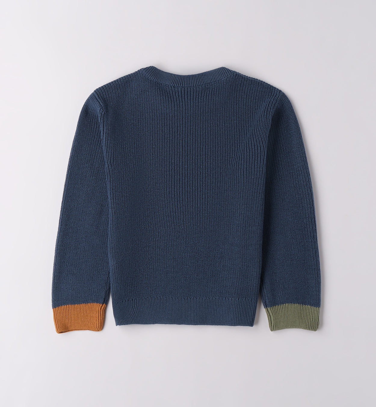 retro maglioncino blu con polsini verde e senape