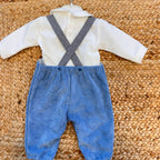 retro salopette velluto blu neonato con bretelle incrociate
