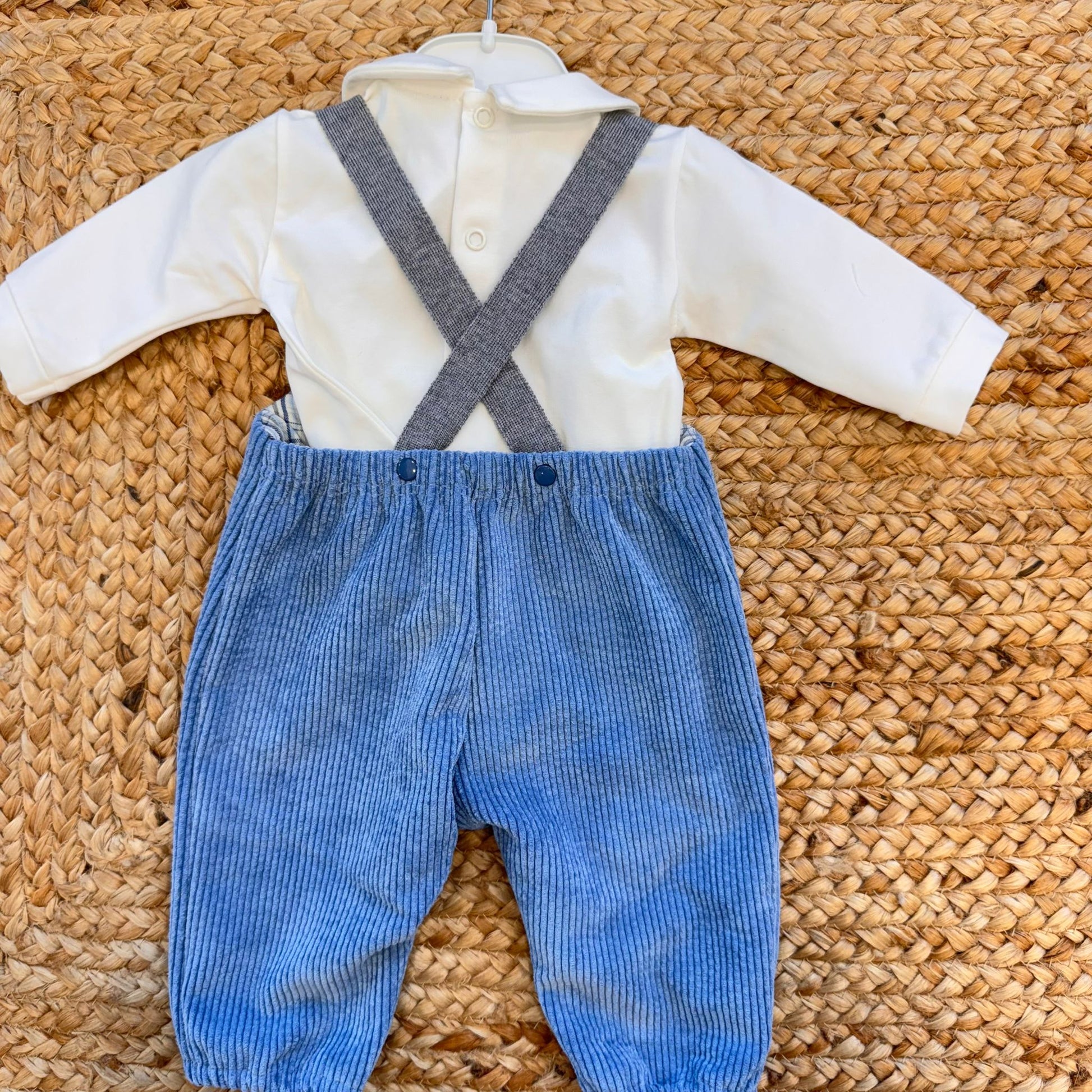 retro salopette velluto blu neonato con bretelle incrociate