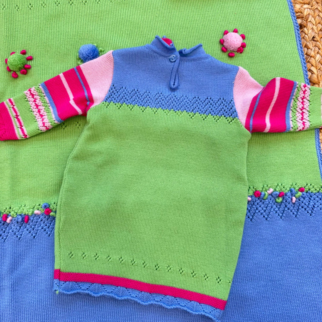 uscita clinica pura lana verde e blu con tunica, copertina, cappellino e scarpette