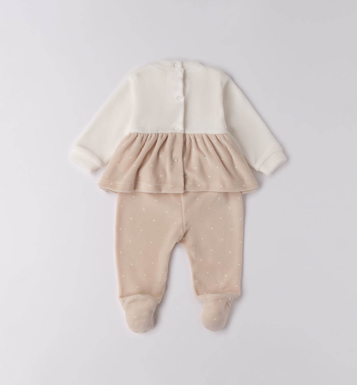 retro tutina ciniglia neonata panna e beige con gonnellina a pois