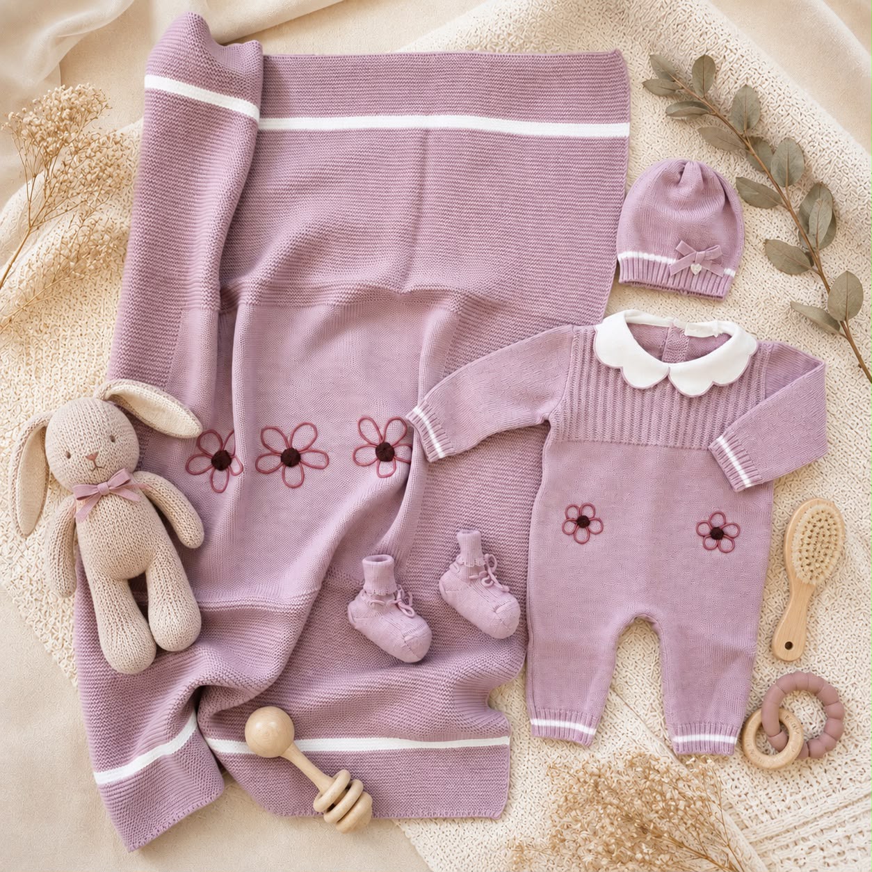 Uscita clinica neonata rosa completa con copertina, tutina, cappellino e scarpine Made in Italy.