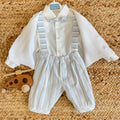 salopette battesimo bambino lino cotone righe beige azzurro