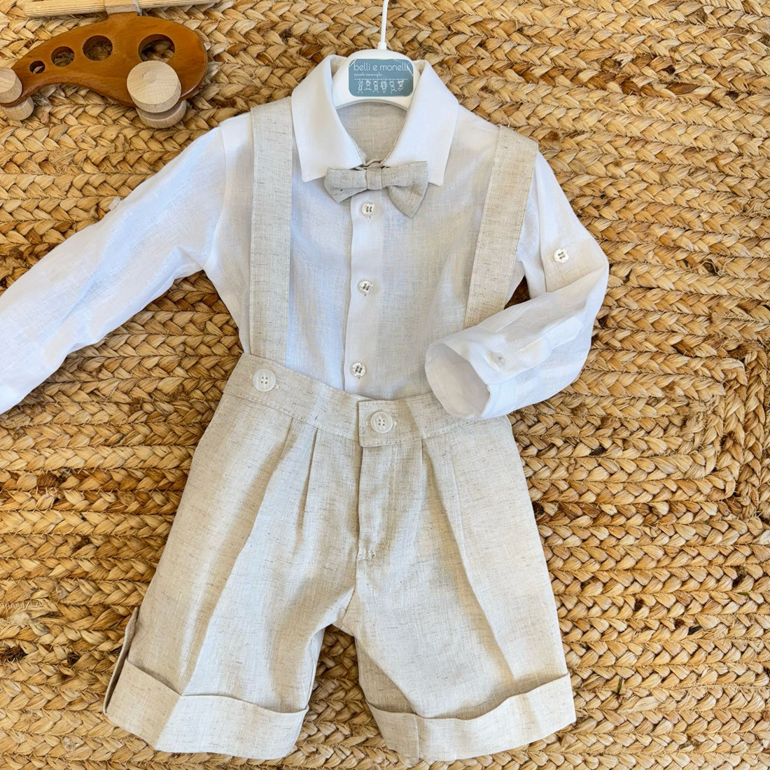  completo battesimo bambino lino salopette bianco beige