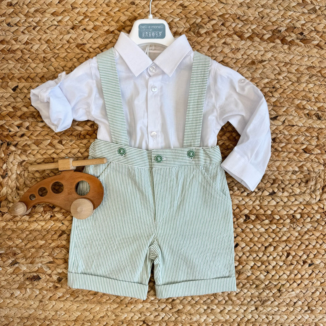 completo battesimo bambino lino verde a righe