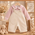 Salopette bimba in cotone panna con maglia a righe rosa e bianche