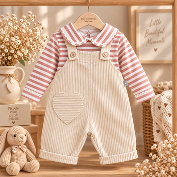 Salopette bimba in cotone panna con maglia a righe rosa e bianche