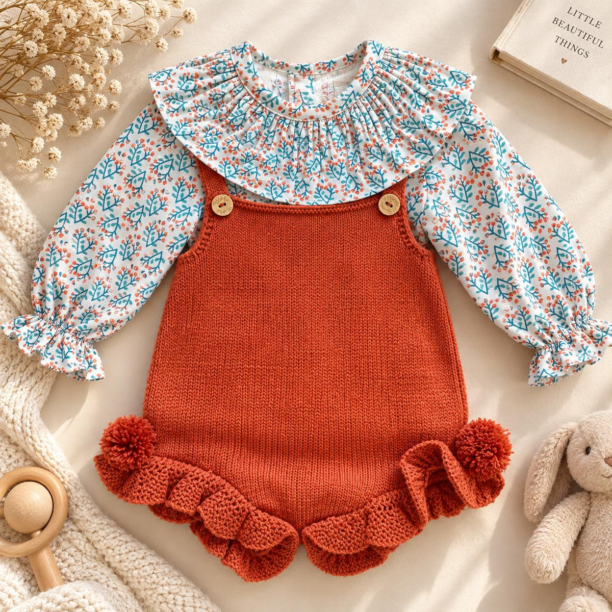 Salopette bimba ruggine Yoedu con camicia fantasia, volant e pompo