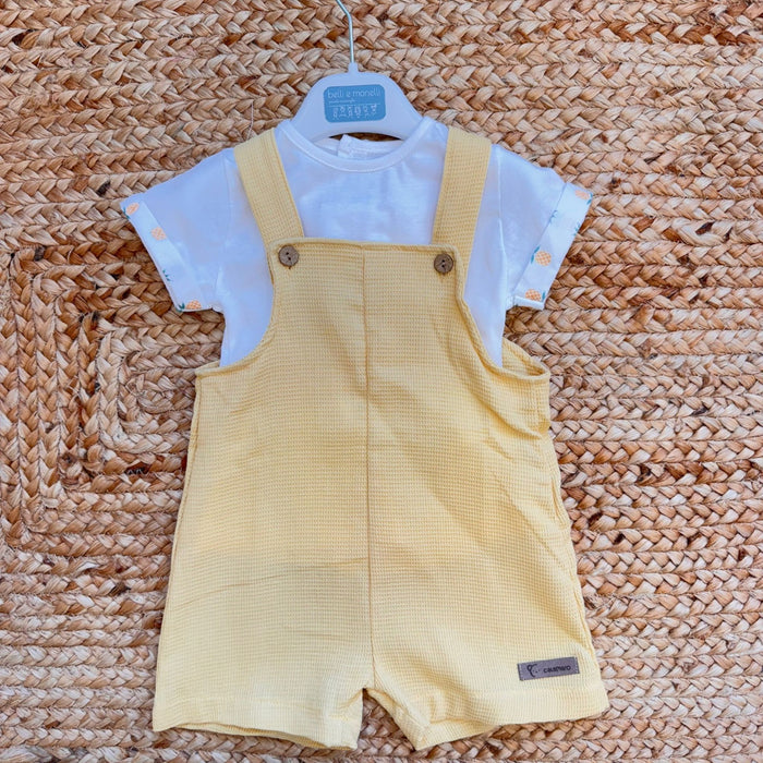salopette bimbo cotone giallo con t-shirt bianca coordinata
