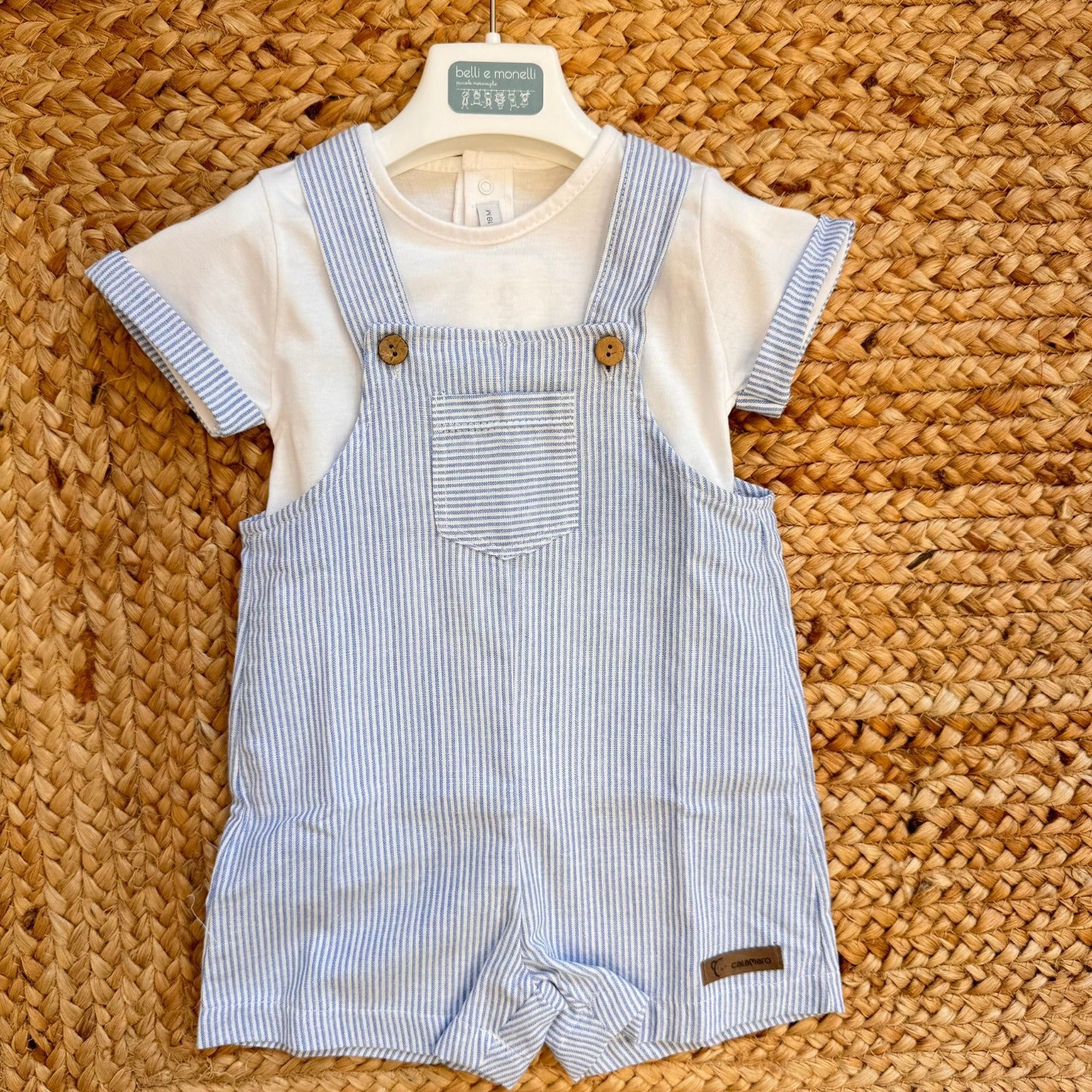 salopette bimbo cotone rigato azzurro con t-shirt bianca