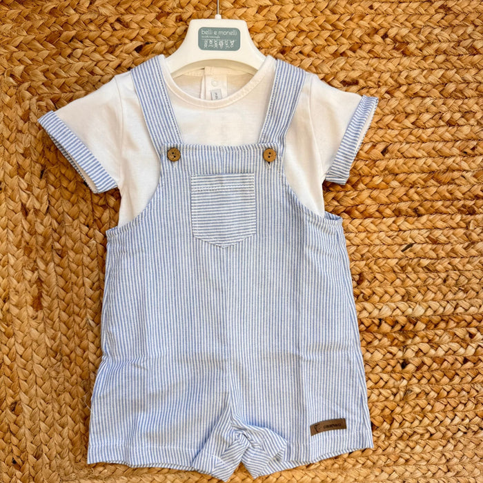 salopette bimbo cotone rigato azzurro con t-shirt bianca