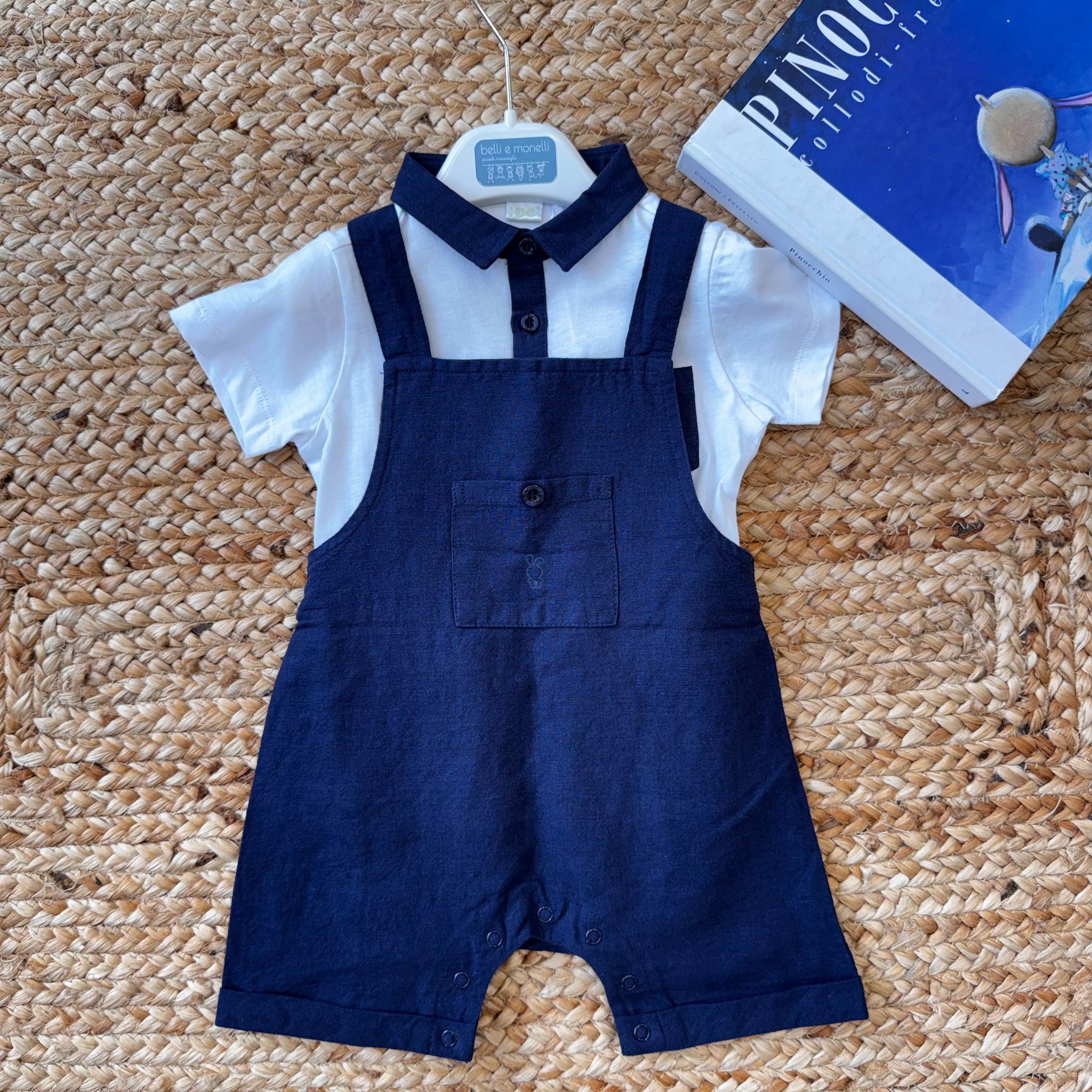 Salopette blu con camicia bianca per bambino, abbigliamento casual chic.