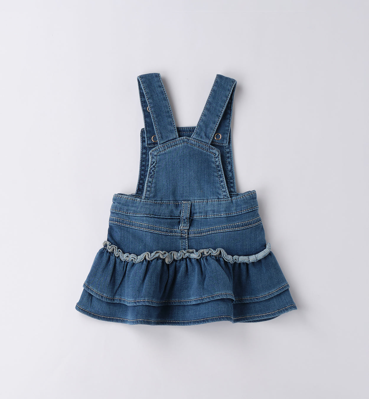  Retro della salopette denim per neonata con balze e spalline incrociate
