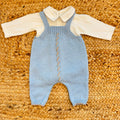 Completo neonato in lana merino azzurro con salopette cardigan camicina e scarpine