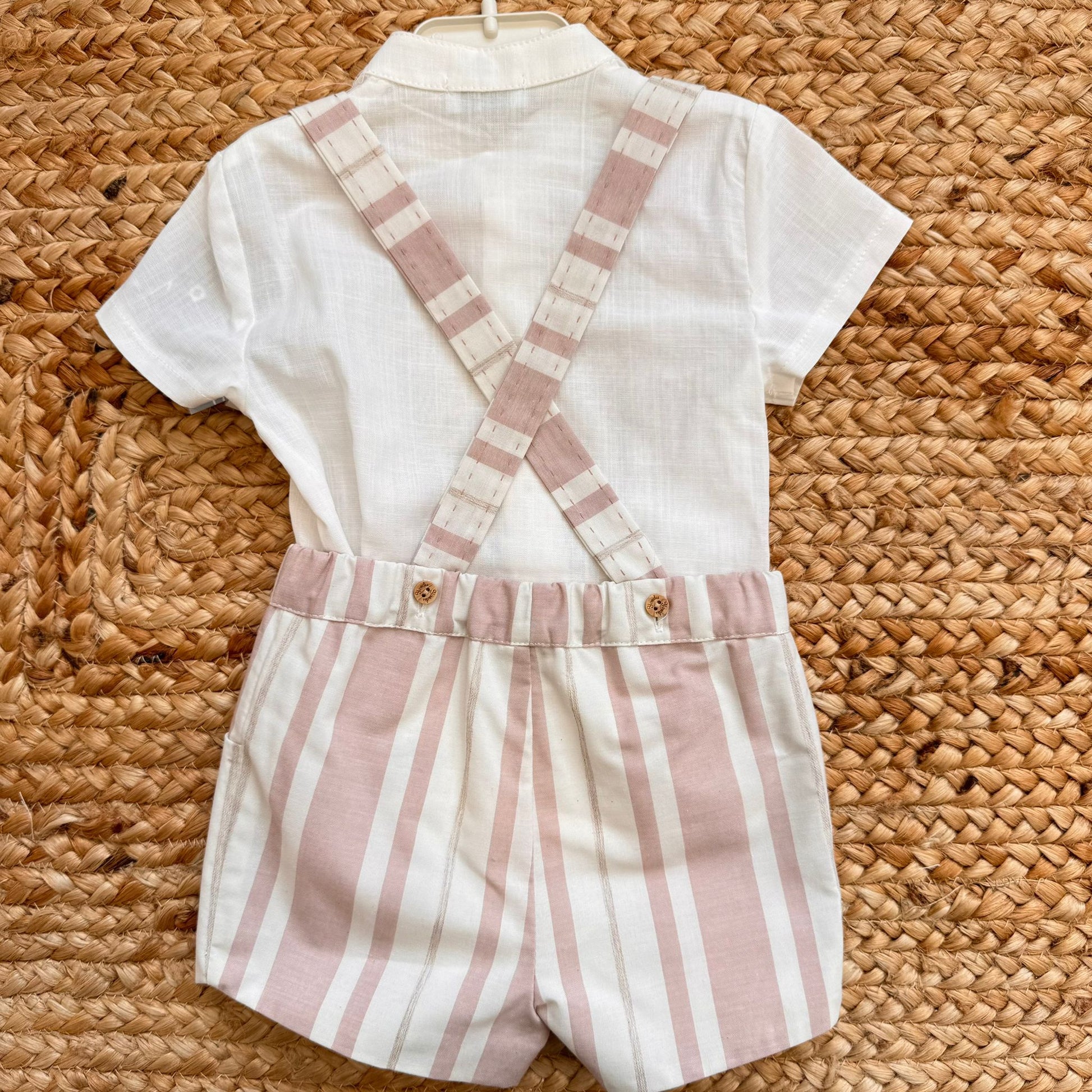 salopette neonato rigata cipria con camicia elegante