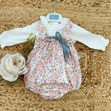 salopette floreale rosa con camicina bianca per neonata