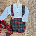 salopette natale bimbo scozzese con camicia bianca