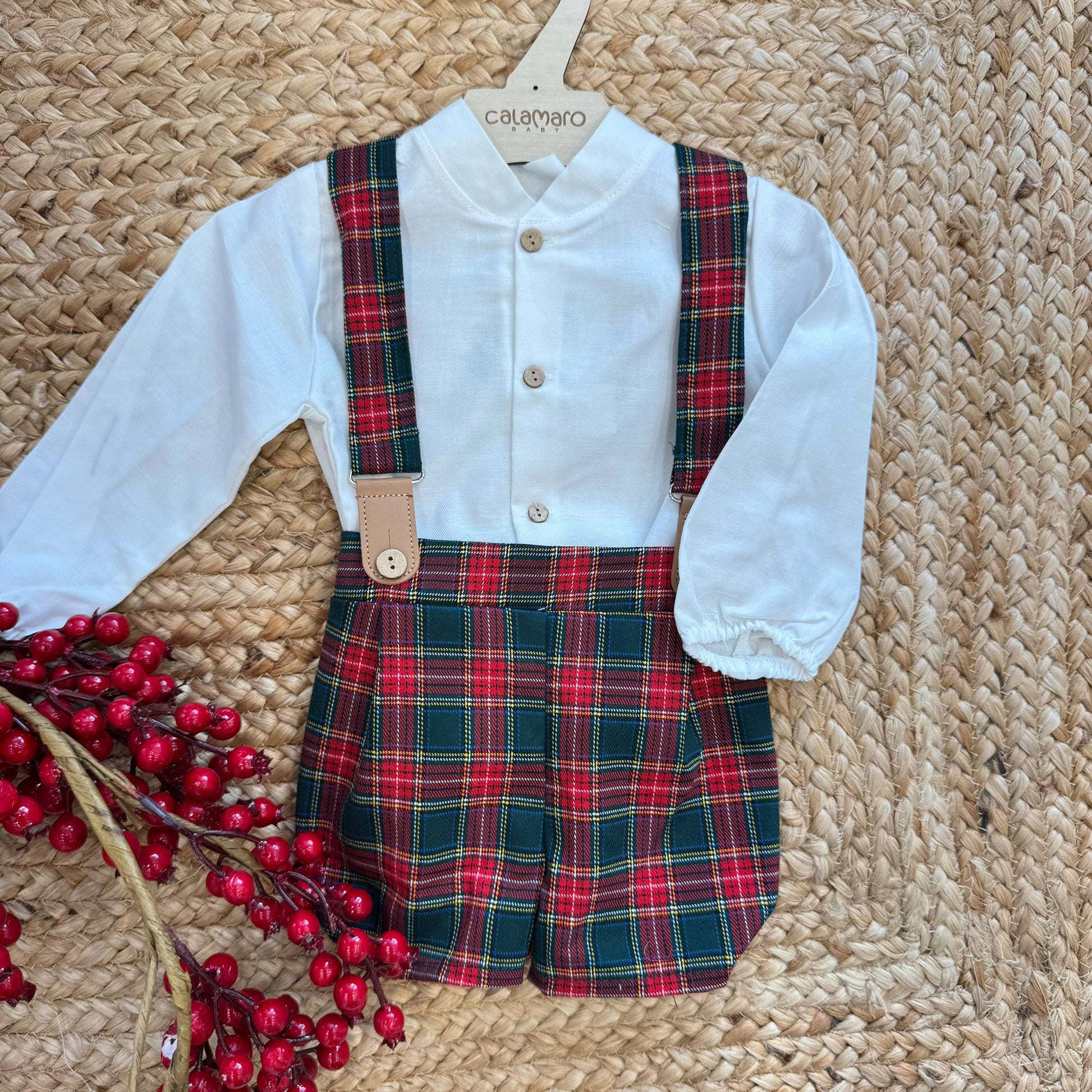 salopette natale bimbo scozzese con camicia bianca