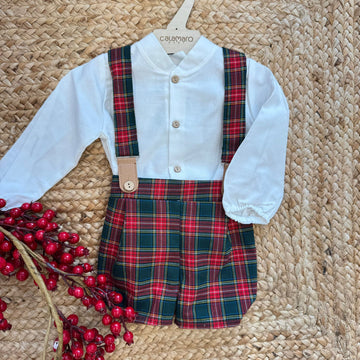 salopette natale bimbo scozzese con camicia bianca