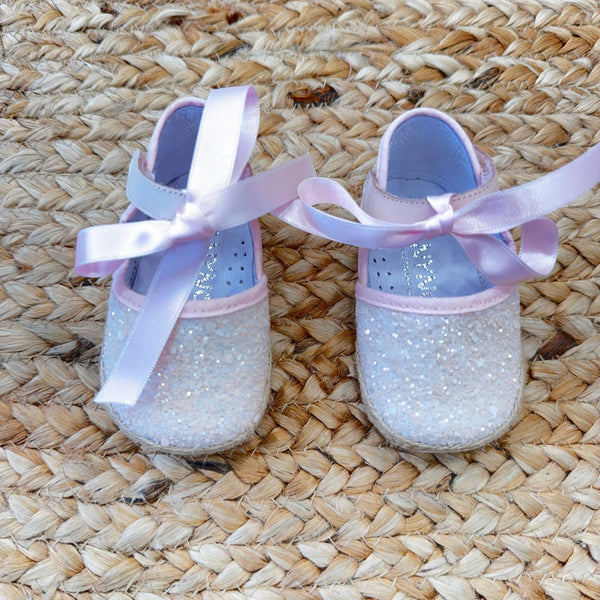 Scarpe culla avorio con glitter e chiusura a bottone