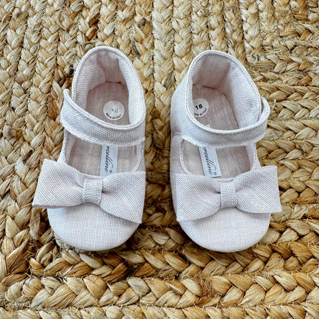  Scarpe culla in lino rosa con fiocco e chiusura a strappo
