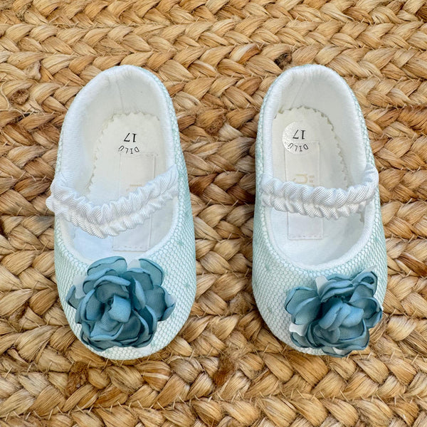 scarpe battesimo bimba verde acqua con fiore