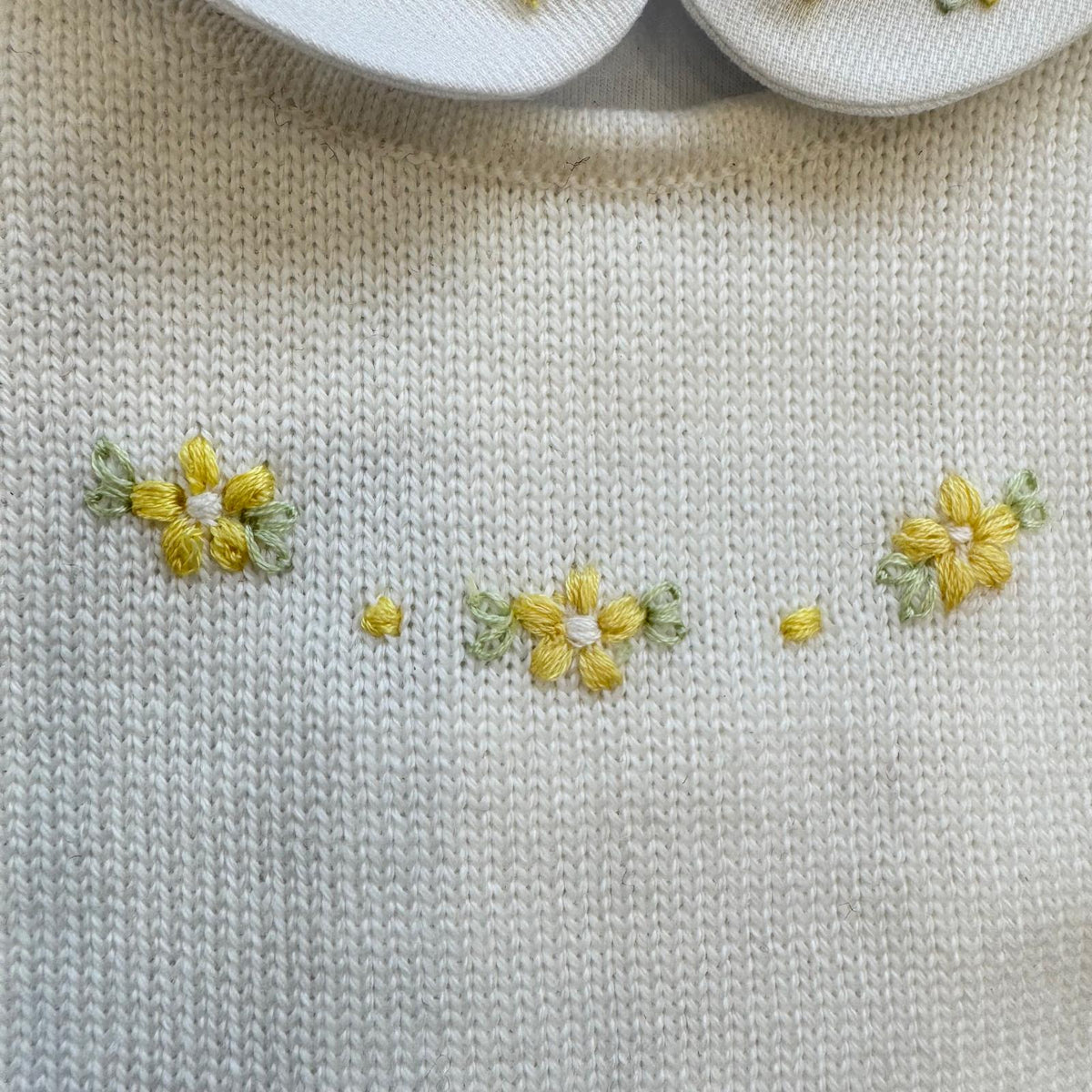 Uscita clinica neonata in pura lana bianco latte con tutina, copertina, cappellino e scarpette con fiorellini gialli.