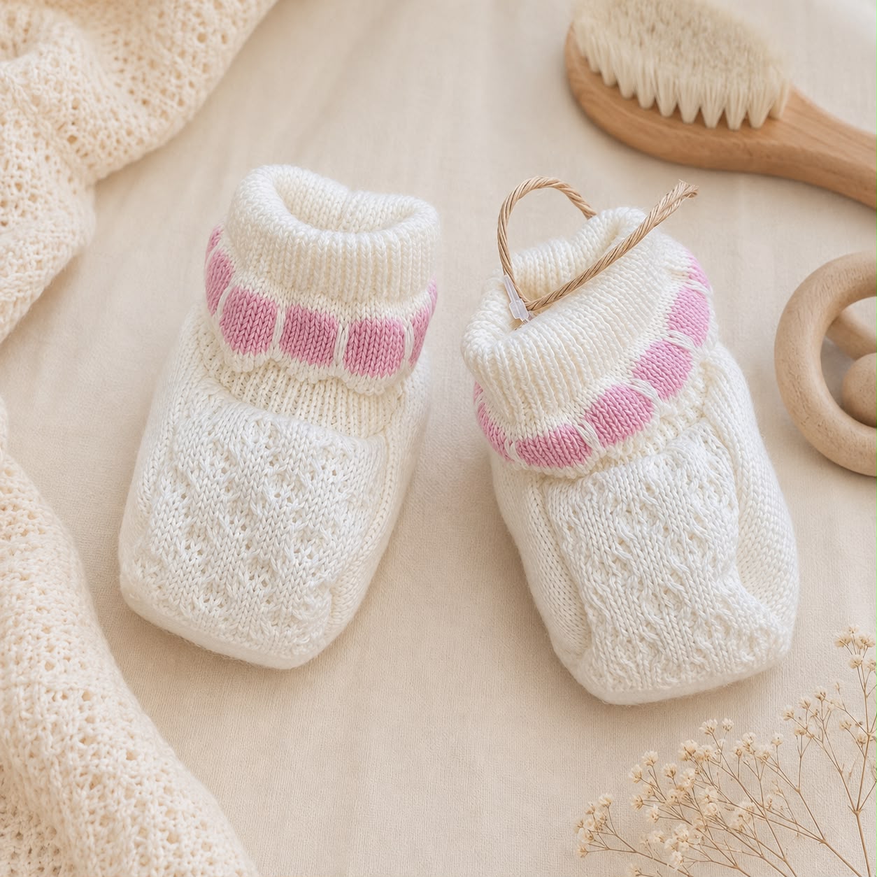 Scarpette neonata in lana panna e rosa con lavorazione traforata, ideali per corredino nascita e uscita clinica