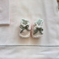 scarpette neonata in ciniglia rosa con fiocco grigio