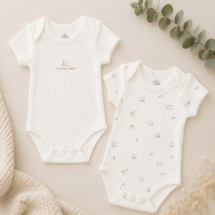 Set 2 body neonato in caldo cotone color panna, uno con scritta e uno con fantasia orsetti, ideale per corredino nascita, set nascita e primo cambio.