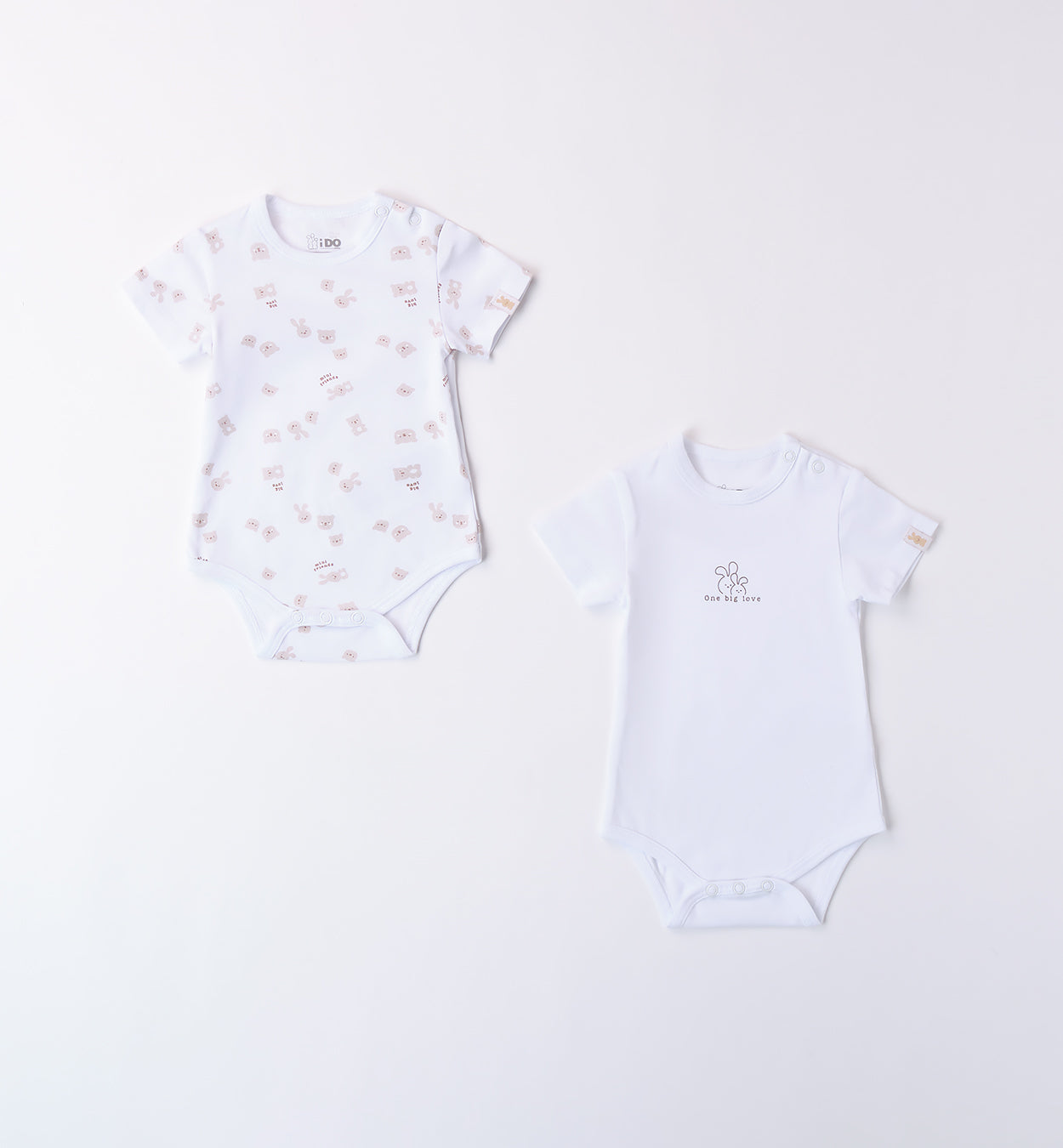 Set 2 body neonato in cotone bio con stampa animaletti e scritta "One big love".