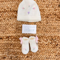 Set cappellino e scarpette neonata in pura lana con ricamo tulipani