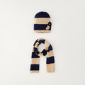 Set cappello e sciarpa bimba blu e beige a righe con applicazioni decorative