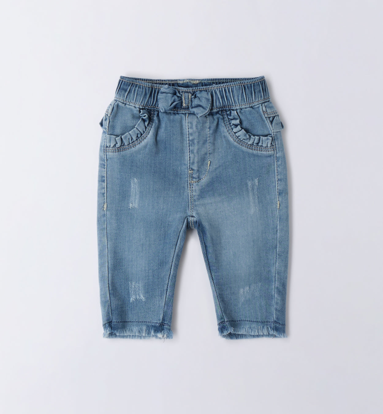 Jeans bambina con elastico in vita, fiocco decorativo e volant