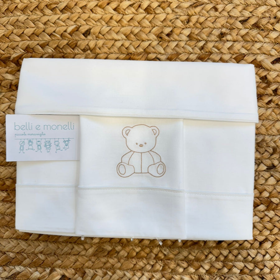 Set Lenzuola baby culla neonato unisex in 100% cotone con ricamo orsetto