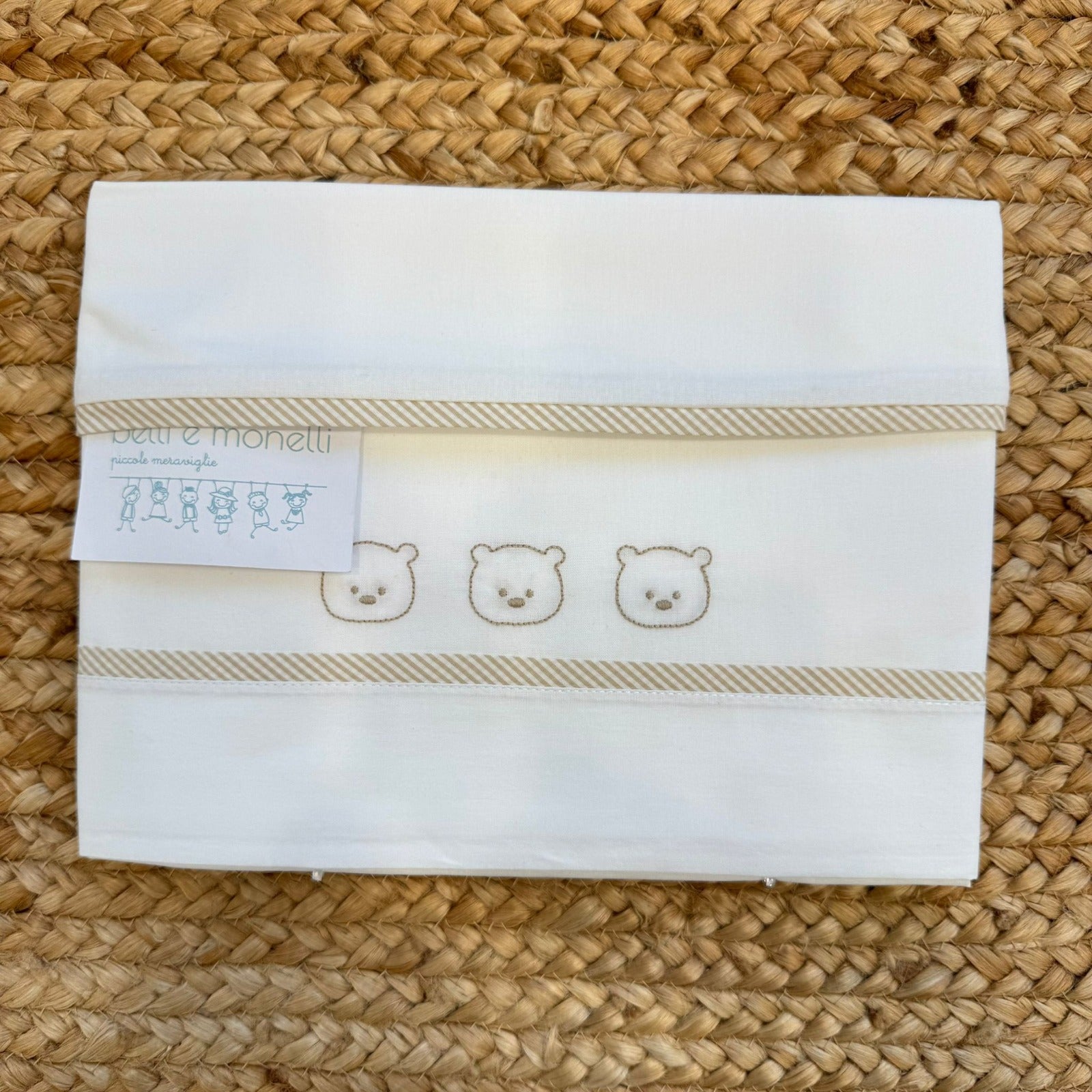 set lenzuola culla neonato unisex 100% cotone con ricamo tre orsetti