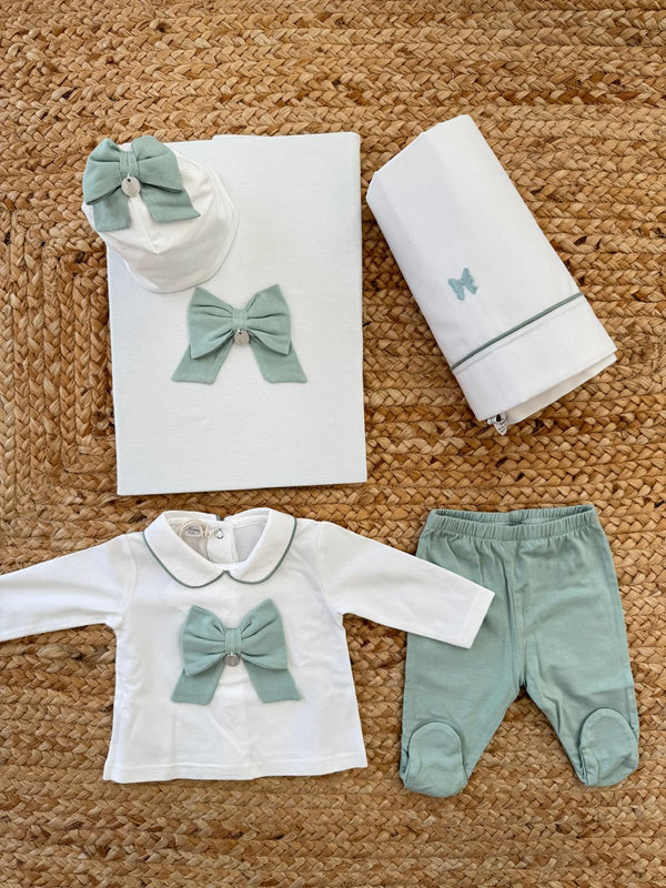 set nascita neonata bianco e verde salvia con fiocco in bamboo e cotone
